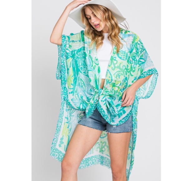 "The Everleigh" Green Hand Drawn Geometric Print Kimono - Picture 3 of 5